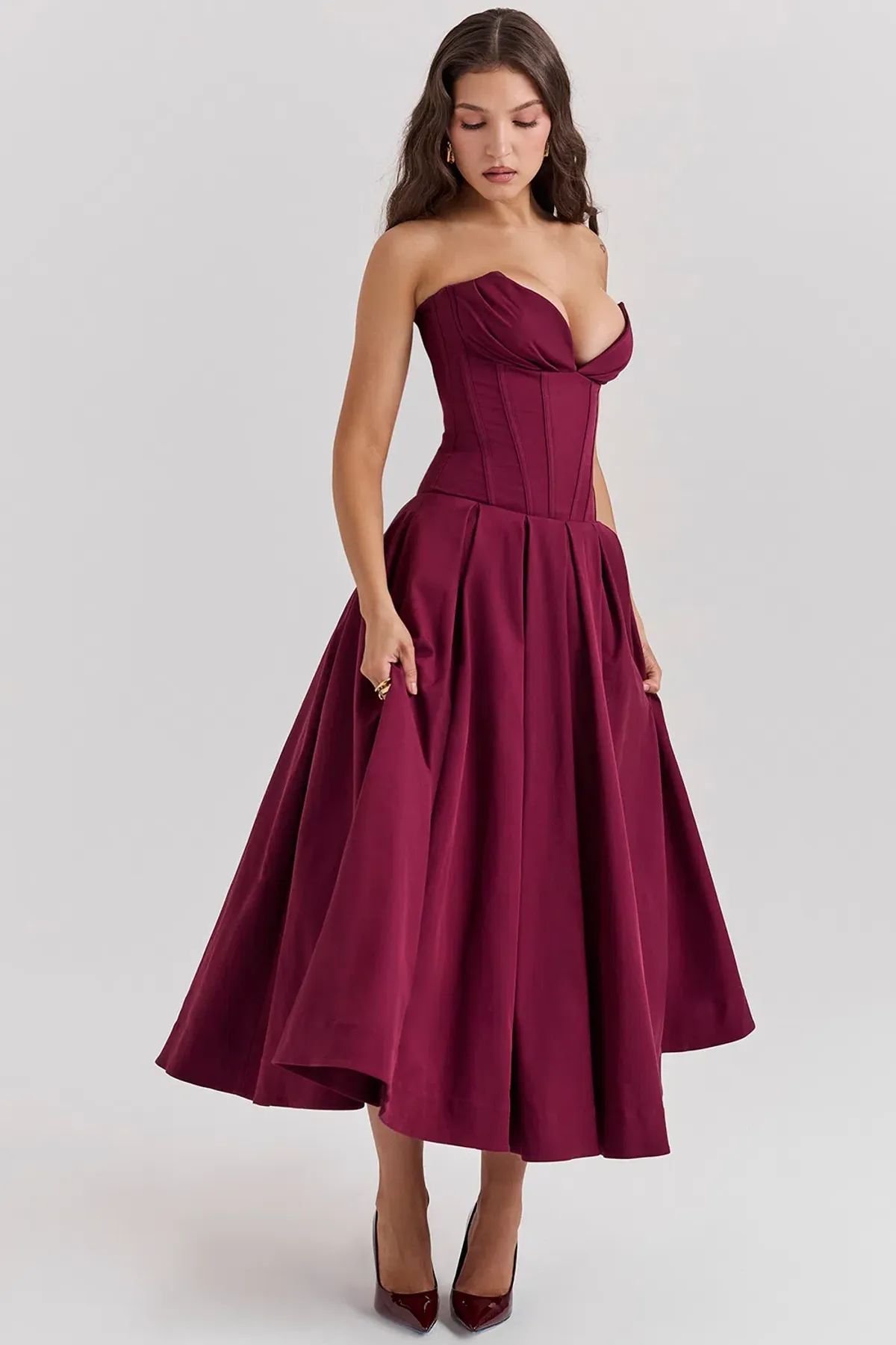 House of CB Lady Wine Strapless Midi Dress Size M - Image 3