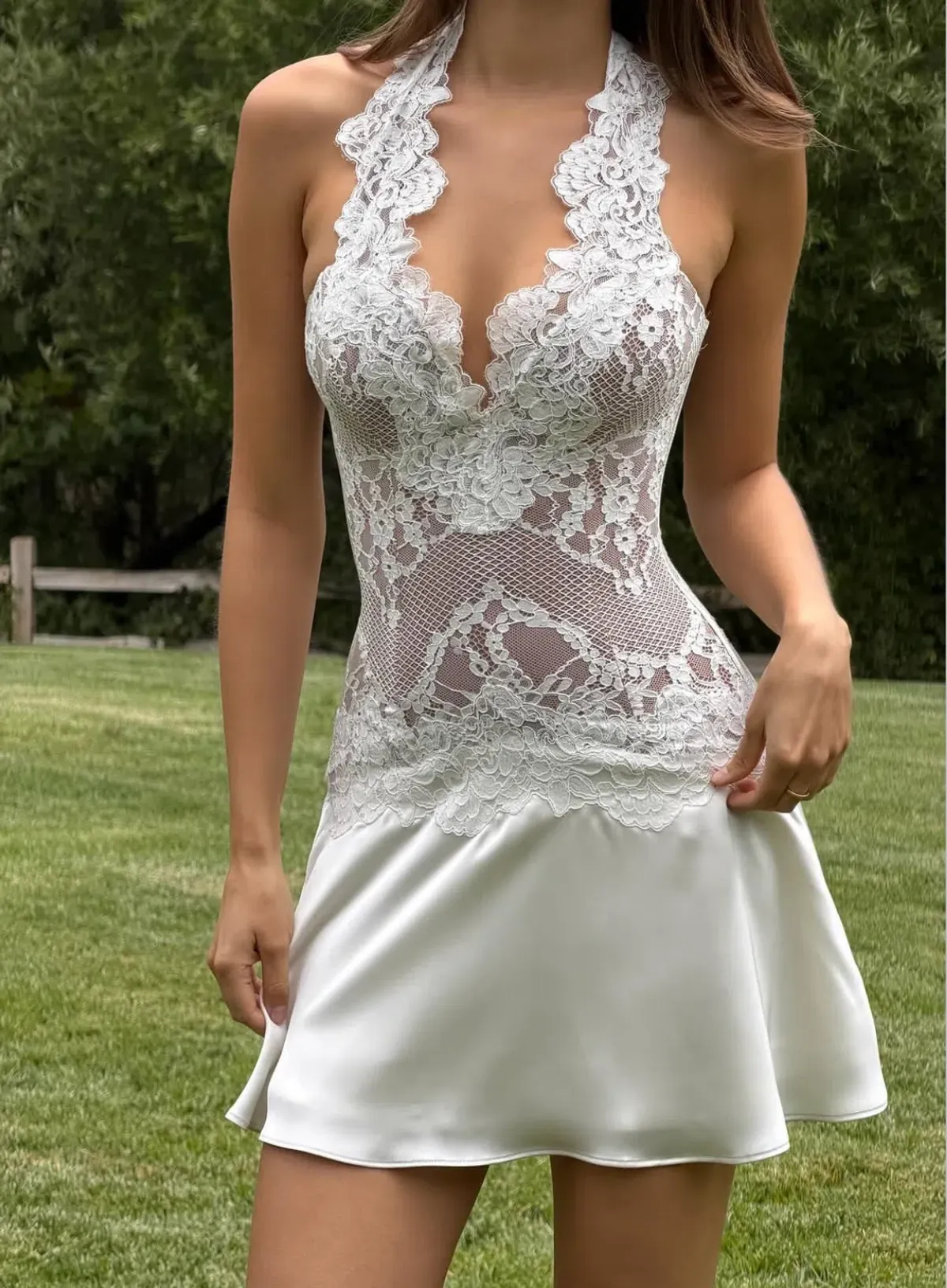 House Of CB NYRA White Lace + Satin Halter Neck Mini Dress in White XS / AU 6 - 8 - Image 5