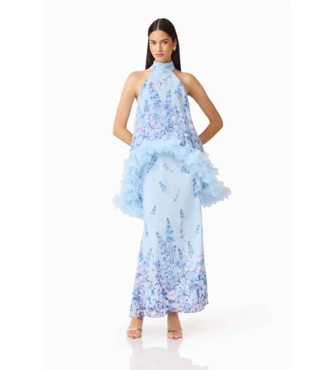 Elliatt Tulsia Floral Cape Maxi Dress in Light Blue Size AU14 for rent on The Volte - main image