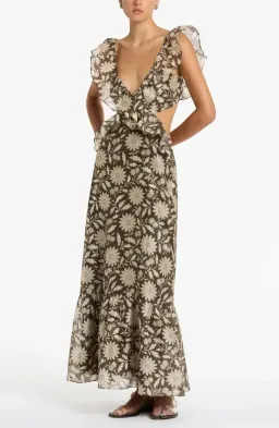 Sir The Label Xanita Frill Midi Dress Brown Floral Size AU 10 / 2 for rent on The Volte - image 1