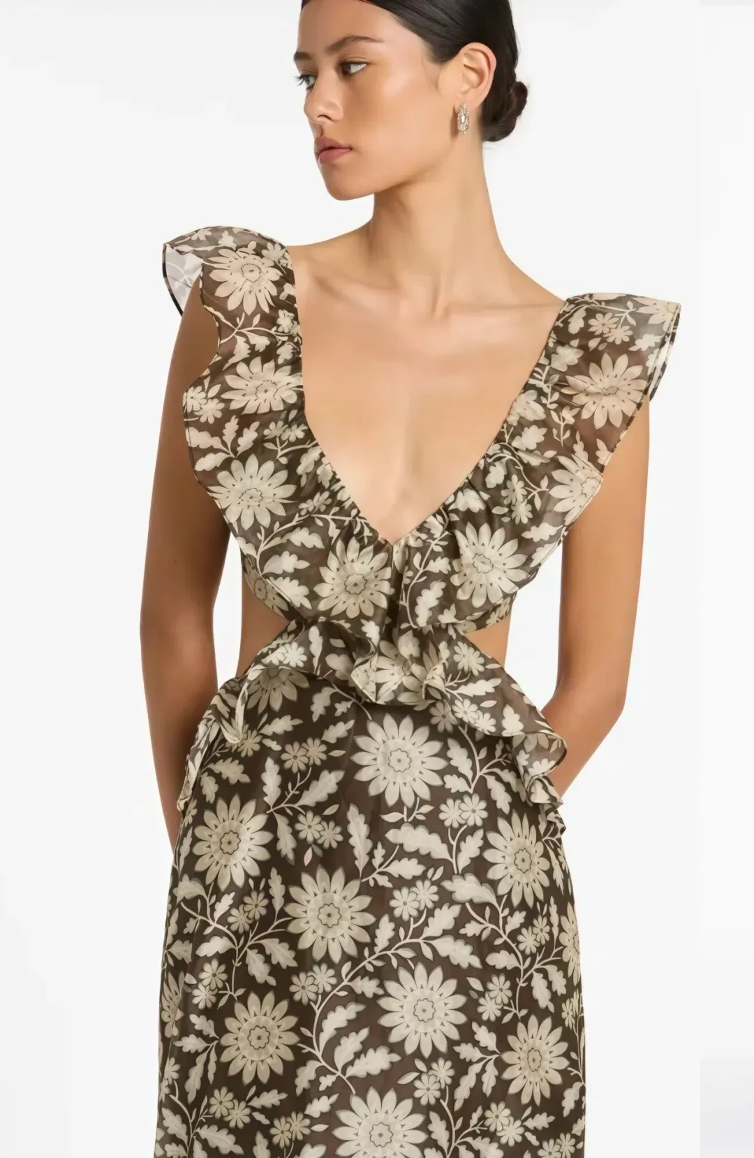 Sir The Label Xanita Frill Midi Dress Brown Floral Size AU 10 / 2 for rent on The Volte - main image