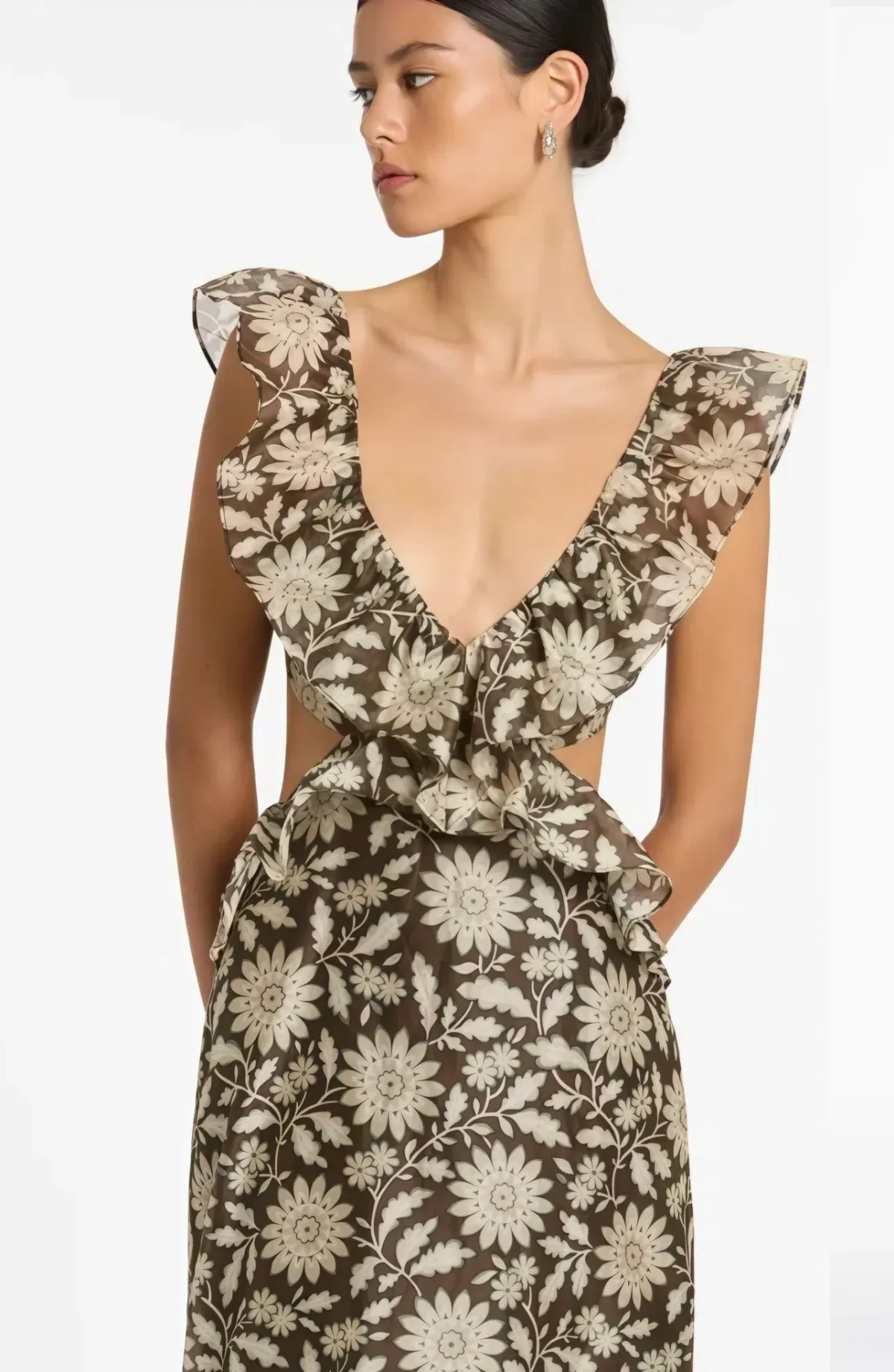 Sir The Label Xanita Frill Midi Dress Brown Floral Size AU 10 / 2 - Image 3