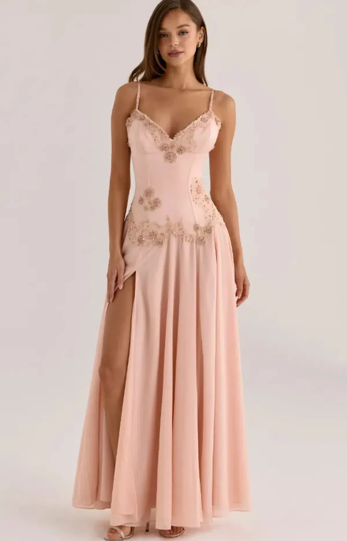 HOUSE OF CB SALOMA BLUSH SATIN CUSTOM HAND BEADED EMBELLISHED MAXI DRESS - LIMITED EDITION REGULAR CUP SIZE S - Image 1