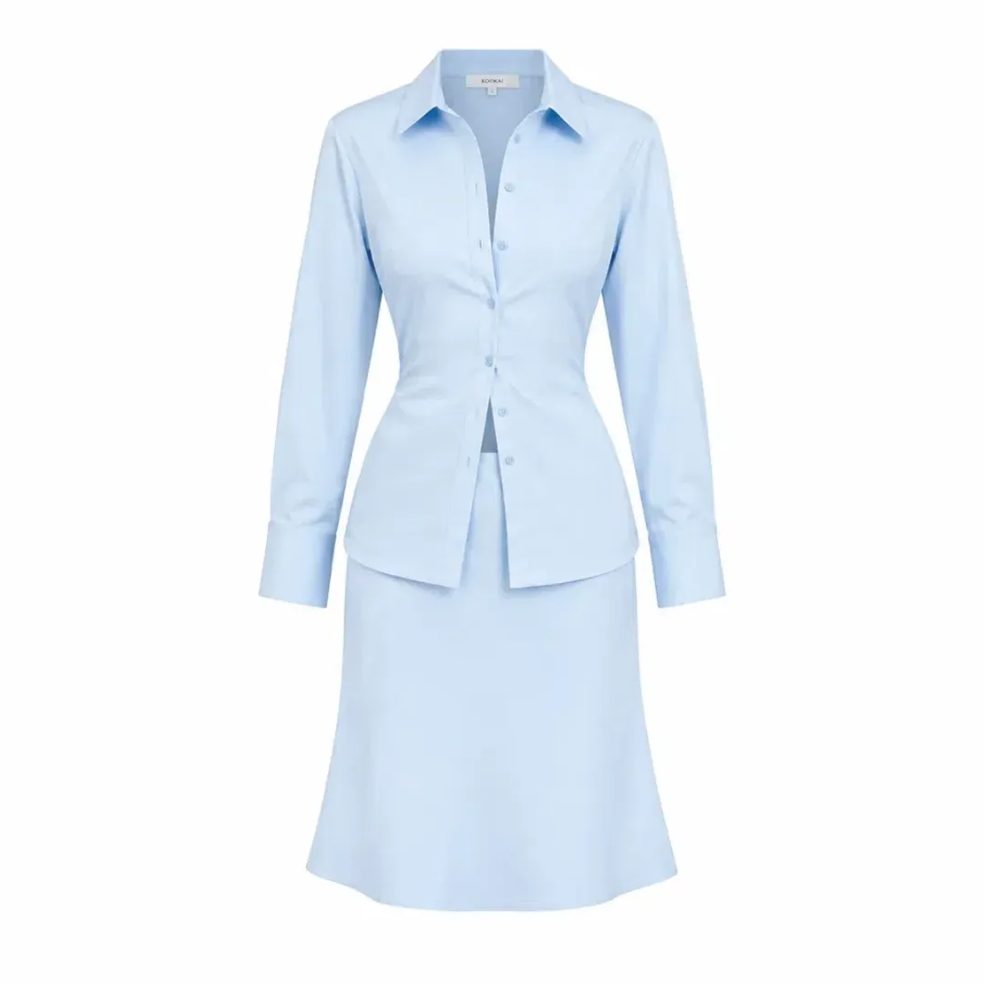 Kookai Palermo Cinch Shirt Size S & Palermo Core Midi Skirt in Cool Blue Size M for rent on The Volte - main image