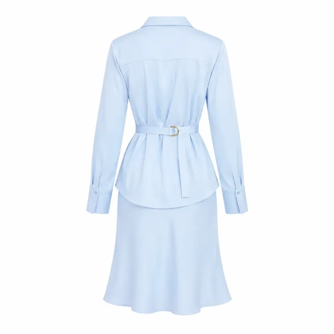 Kookai Palermo Cinch Shirt Size S & Palermo Core Midi Skirt in Cool Blue Size M for rent on The Volte - main image