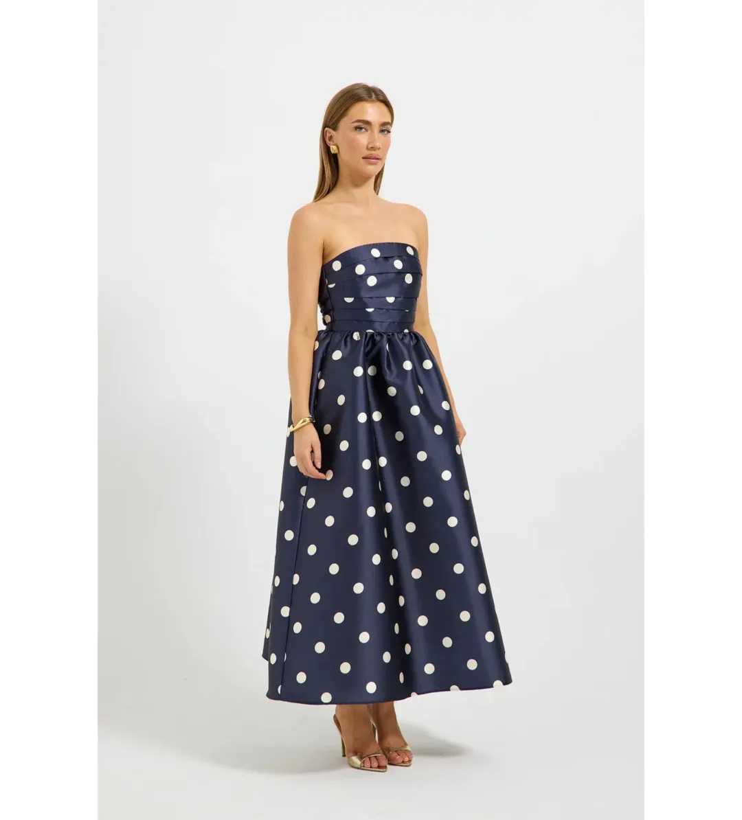 Pasduchas Dottie Strapless Midi Dress in Navy/Cream Size AU8 for rent on The Volte - main image