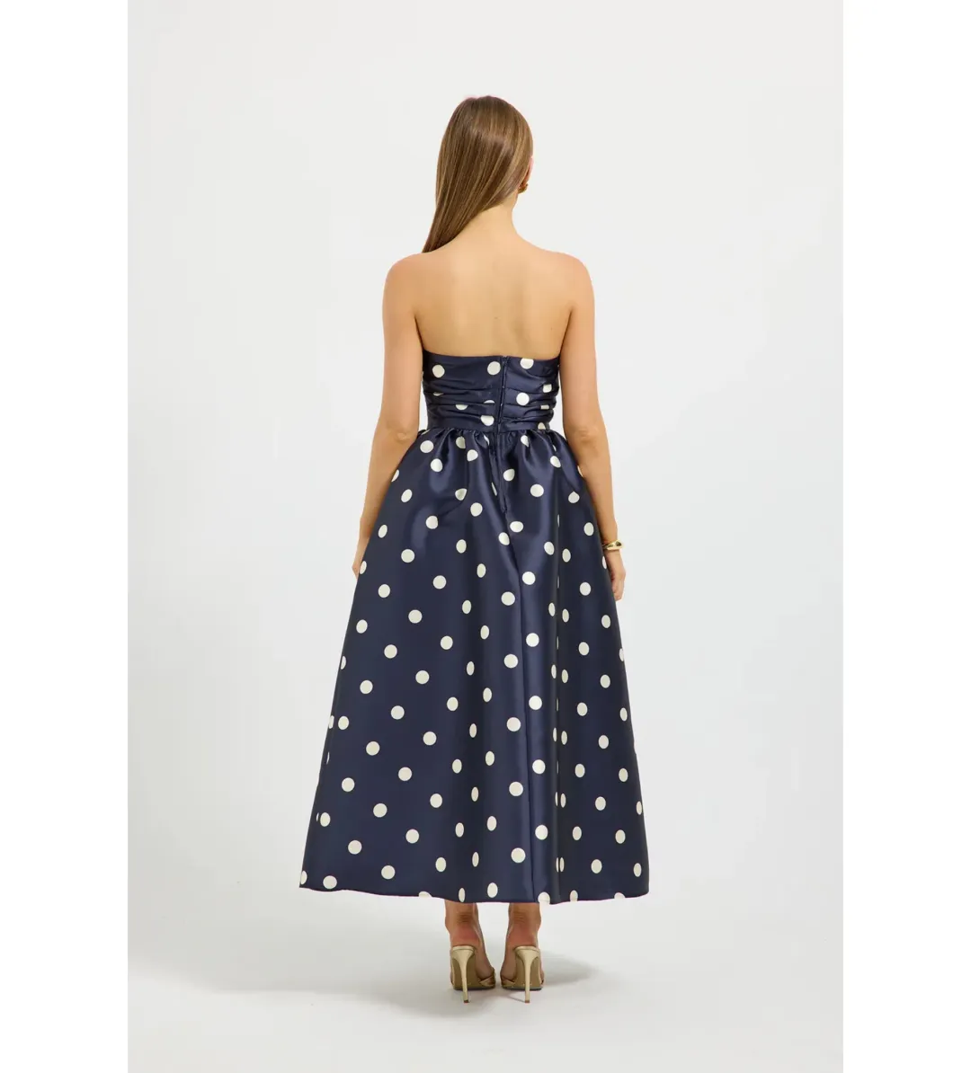 Pasduchas Dottie Strapless Midi Dress in Navy/Cream Size AU8 for rent on The Volte - main image