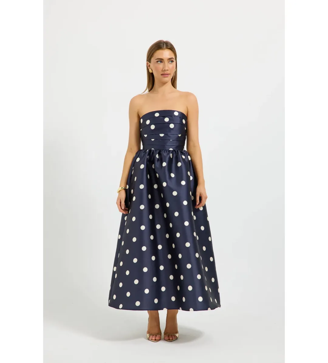 Pasduchas Dottie Strapless Midi Dress in Navy/Cream Size AU8 for rent on The Volte - main image
