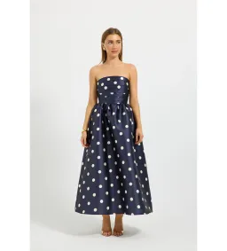 Pasduchas Dottie Strapless Midi Dress in Navy/Cream Size AU8 for rent on The Volte - image 1