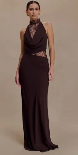 MESHKI Arra Chiffon And Lace Halter Maxi Dress - Cacao Brown. XS for rent on The Volte - image 1