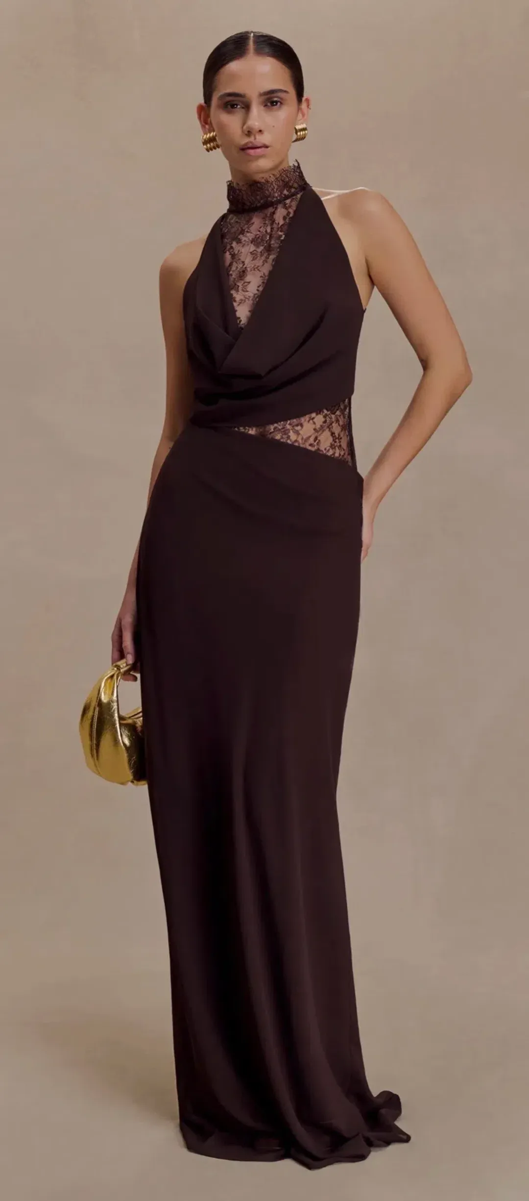 MESHKI Arra Chiffon And Lace Halter Maxi Dress - Cacao Brown. XS for rent on The Volte - main image