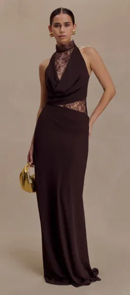 MESHKI Arra Chiffon And Lace Halter Maxi Dress - Cacao Brown. XS for rent on The Volte - image 4