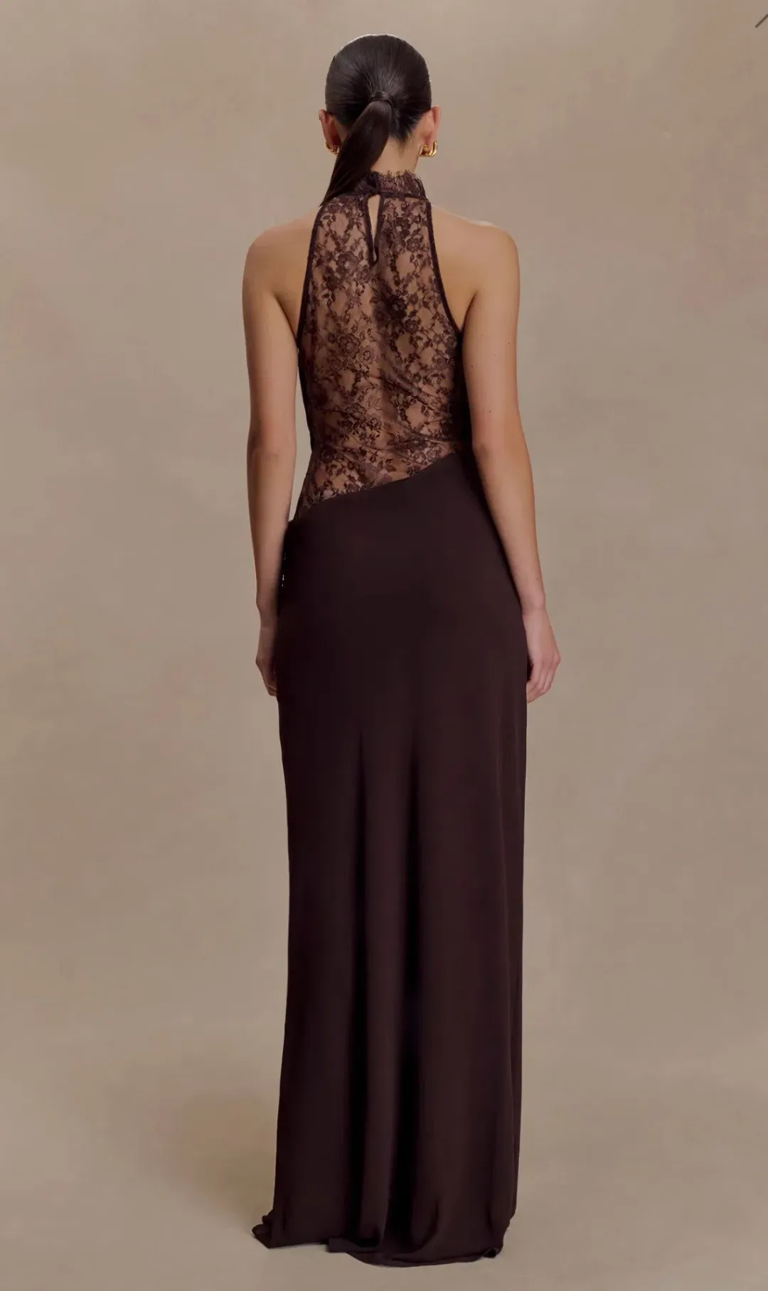MESHKI Arra Chiffon And Lace Halter Maxi Dress - Cacao Brown. XS for rent on The Volte - main image