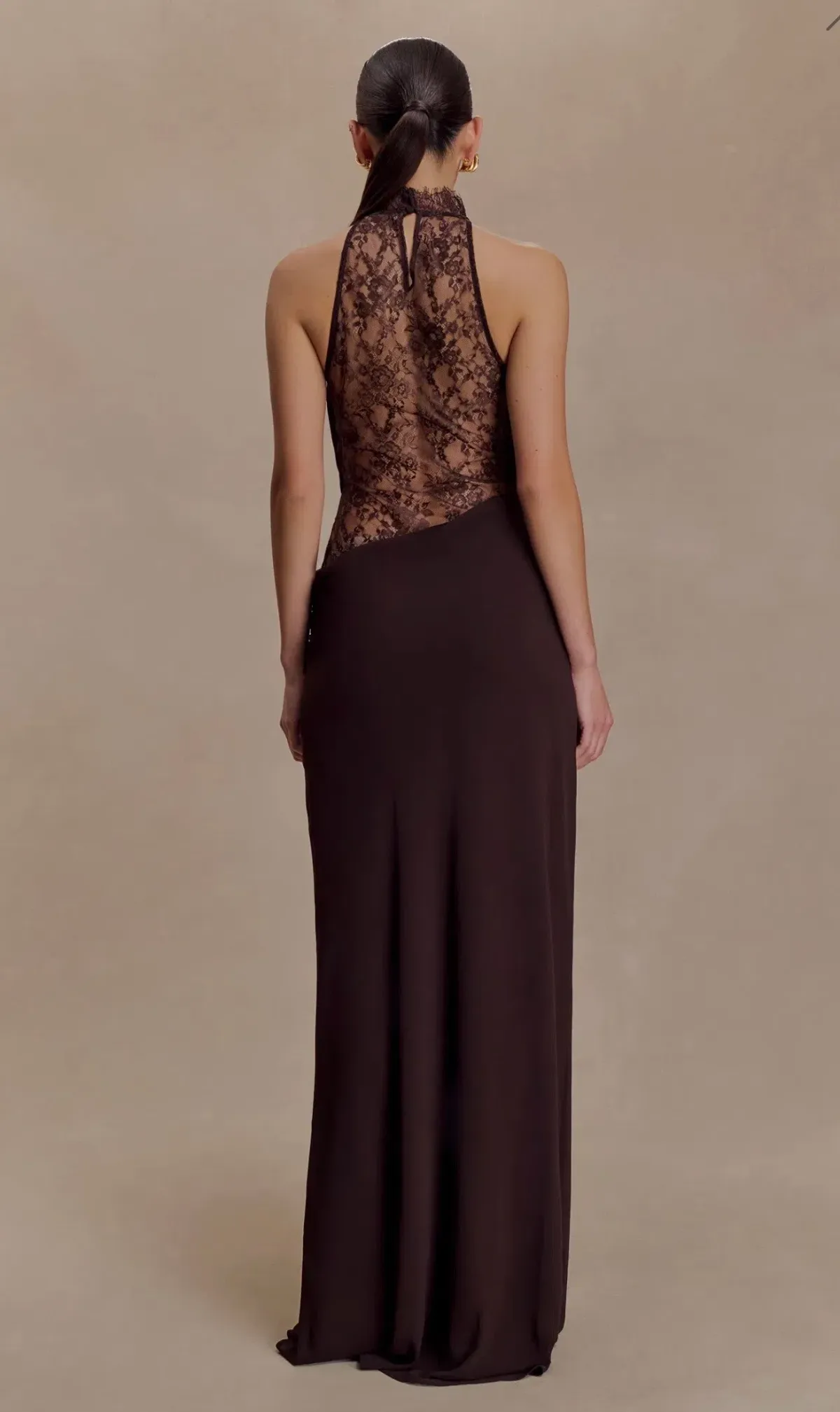 MESHKI Arra Chiffon And Lace Halter Maxi Dress - Cacao Brown. XS - Image 2