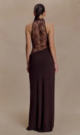 MESHKI Arra Chiffon And Lace Halter Maxi Dress - Cacao Brown. XS for rent on The Volte - image 2