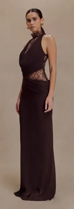 MESHKI Arra Chiffon And Lace Halter Maxi Dress - Cacao Brown. XS for rent on The Volte - image 3