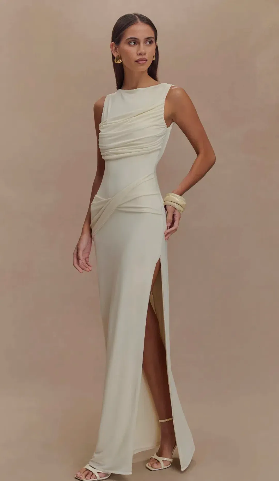 Meshki Henley - Backless Slinky Drape Maxi Dress - Ivory for rent on The Volte - main image