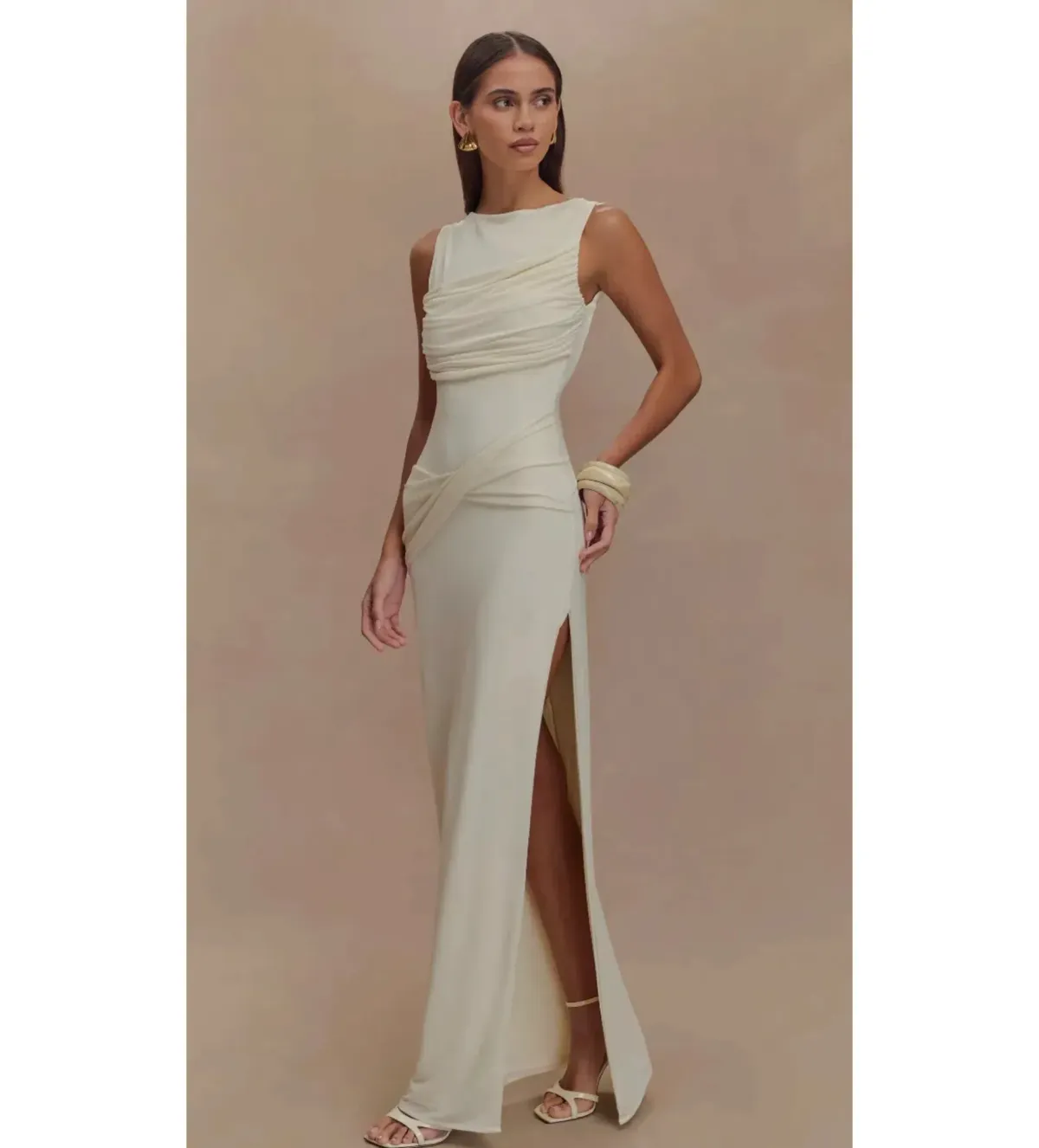 Meshki Henley Backless Slinky Drape Maxi Dress Ivory Size 6 - Image 3