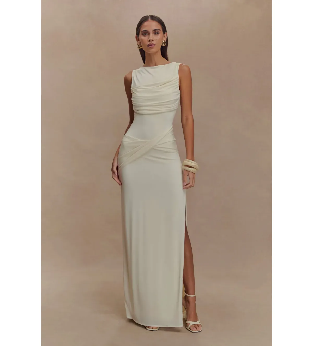 Meshki Henley Backless Slinky Drape Maxi Dress Ivory Size 6 - Image 1