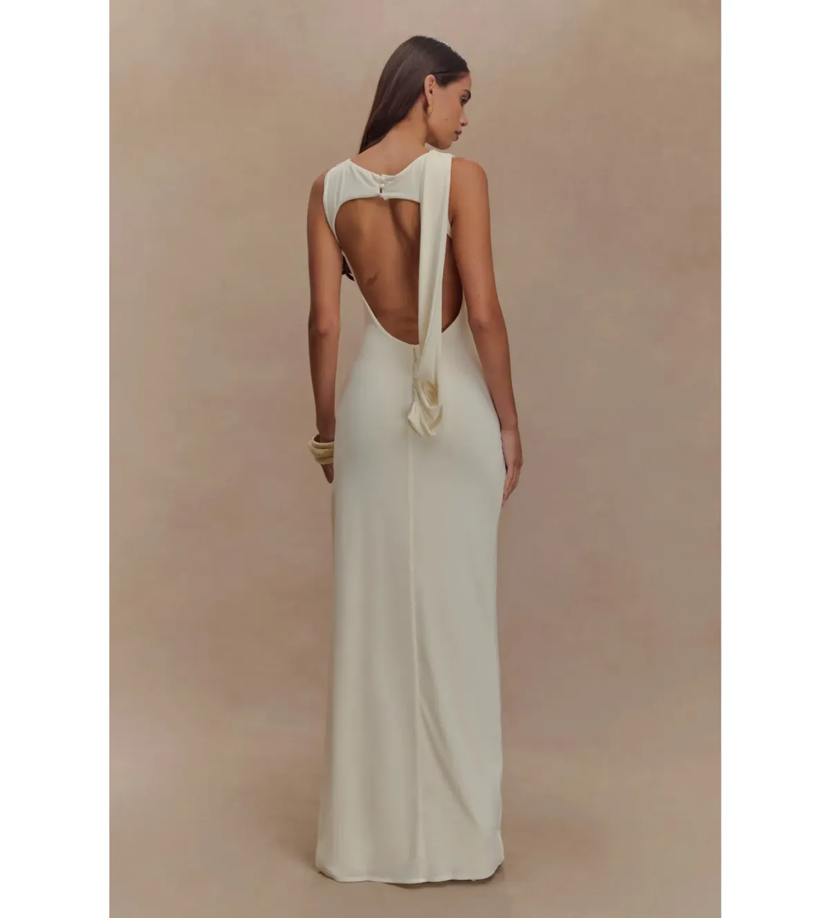 Meshki Henley Backless Slinky Drape Maxi Dress Ivory Size 6 - Image 2