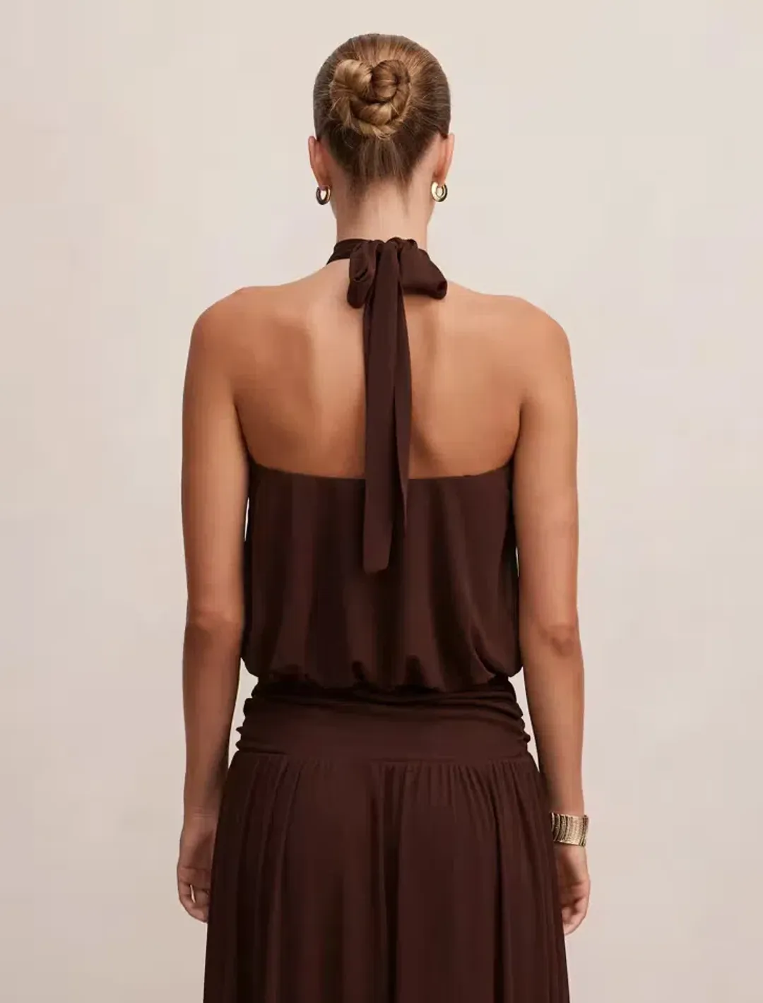 Forever New Layne Bubble Waist Halter Top and Layne Gathered Basque Maxi Skirt Brown Size 8 for rent on The Volte - main image