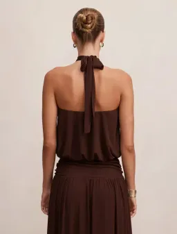 Forever New Layne Bubble Waist Halter Top and Layne Gathered Basque Maxi Skirt Brown Size 8 for rent on The Volte - image 3