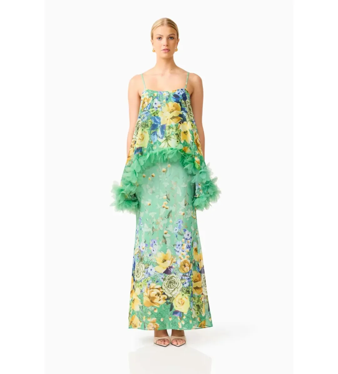 Elliatt Jamie Tiered Maxi Dress in Green Floral Size S/AU8 for rent on The Volte - main image