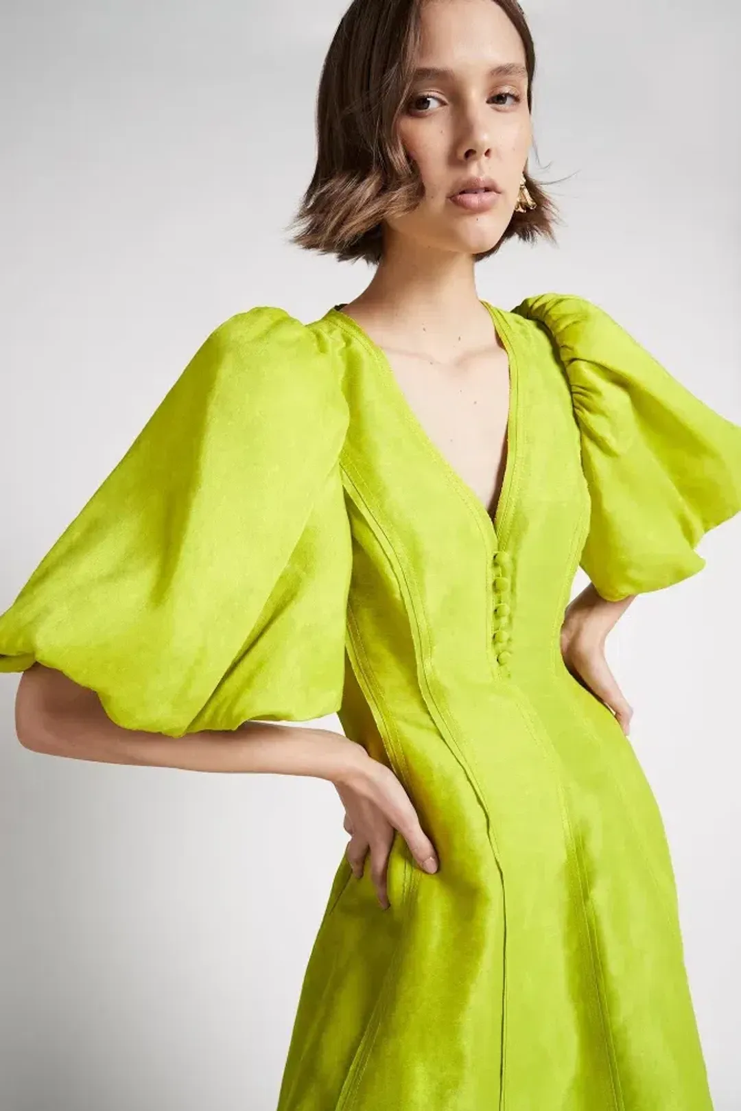 Aje Dusk Puff Sleeve Midi Dress Chartreuse Green Linen Size 10 for rent on The Volte - main image