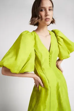 Aje Dusk Puff Sleeve Midi Dress Chartreuse Green Linen Size 10 for rent on The Volte - image 2