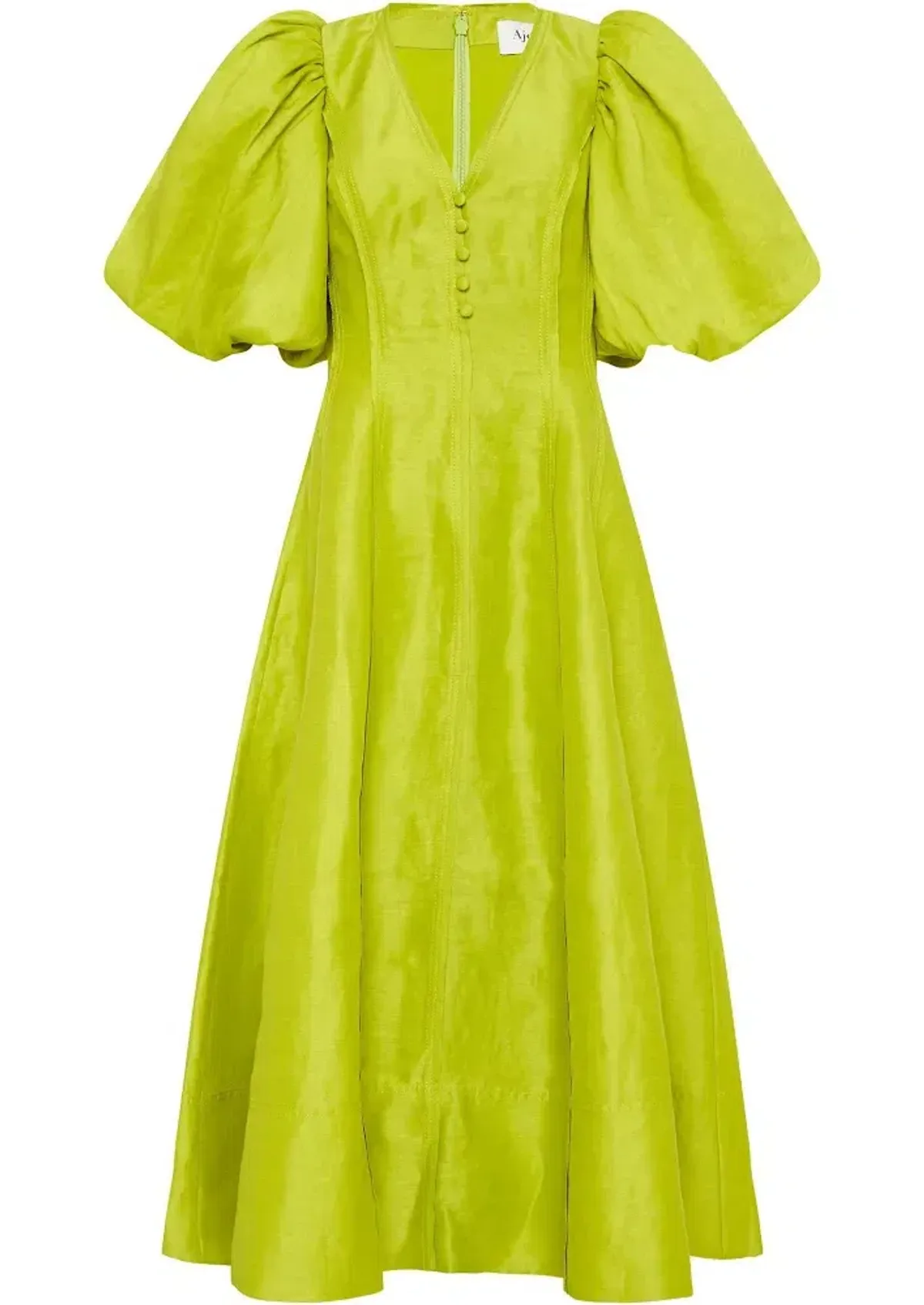 Aje Dusk Puff Sleeve Midi Dress Chartreuse Green Linen Size 10 - Image 3