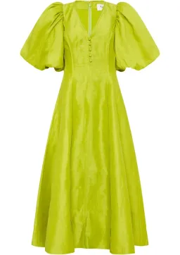 Aje Dusk Puff Sleeve Midi Dress Chartreuse Green Linen Size 10 for rent on The Volte - image 3