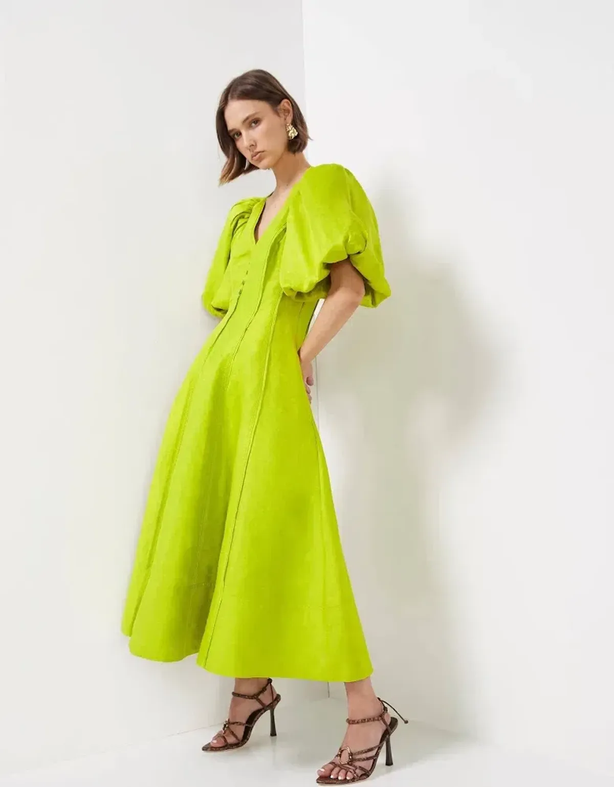 Aje Dusk Puff Sleeve Midi Dress Chartreuse Green Linen Size 10 - Image 1