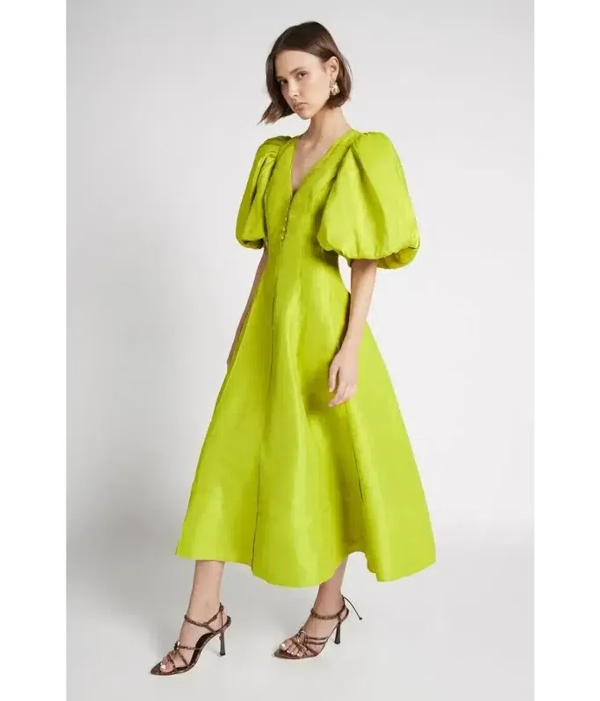 Aje Dusk Puff Sleeve Midi Dress Chartreuse Green Linen Size 10 - Image 4