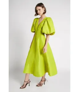 Aje Dusk Puff Sleeve Midi Dress Chartreuse Green Linen Size 10 for rent on The Volte - image 4