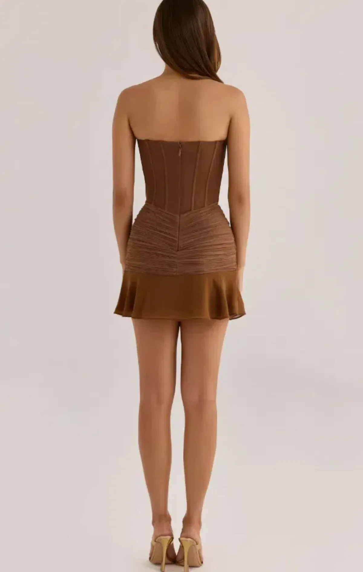 House Of CB Bronze Shimmer Chiffon + Mesh Strapless Mini Dress Brown Size XS / AU 6 - Image 5