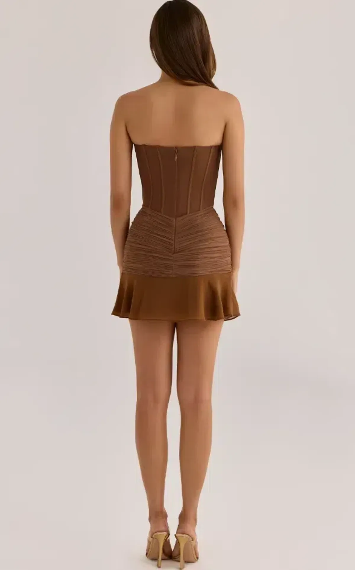 House Of CB Bronze Shimmer Chiffon + Mesh Strapless Mini Dress Brown Size S / AU 8 - Image 6