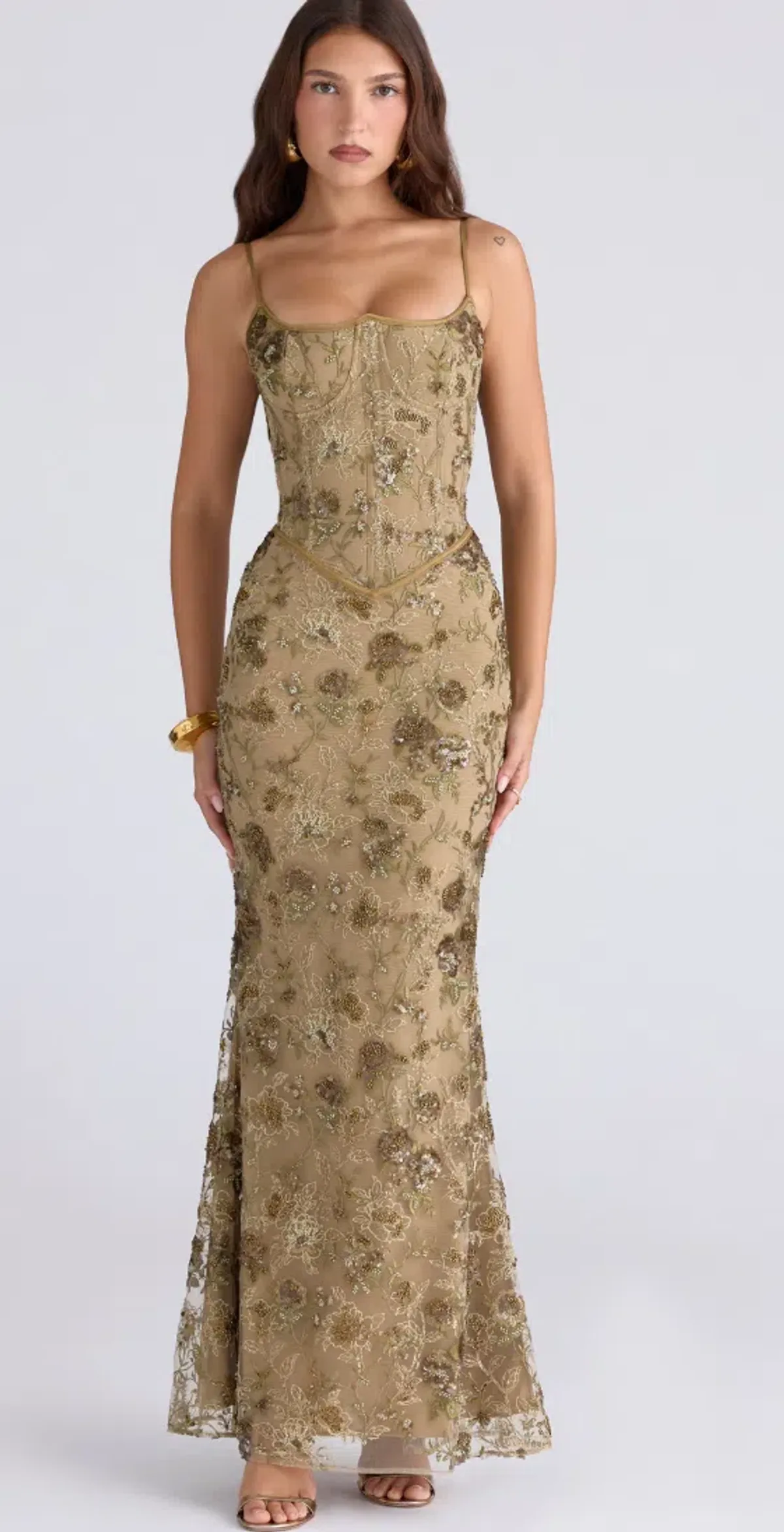 House Of CB NAIMA Olive Green Bronze Hand Beaded Embellished Corset Maxi Dress size XS / AU 6 - 8 - Image 1