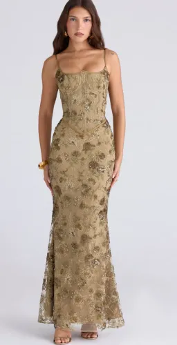 House Of CB NAIMA Olive Green Bronze Hand Beaded Embellished Corset Maxi Dress size XS / AU 6 - 8 for rent on The Volte - image 1