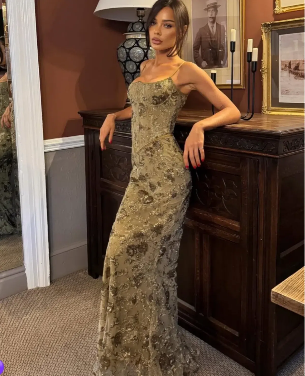 House Of CB NAIMA Olive Green Bronze Hand Beaded Embellished Corset Maxi Dress size XS / AU 6 - 8 - Image 3