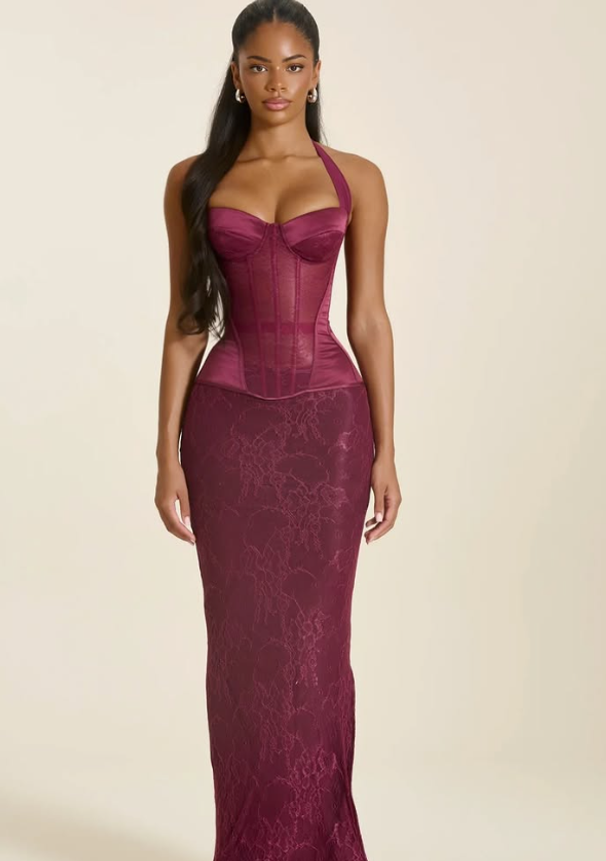 MARS THE LABEL THE MAEVE LACE MAXI SKIRT & LACE CORSET TOP IN PLUM Size XS - Image 1