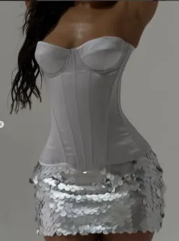 MARS THE LABEL SHIMMI SEQUIN MICRO MINI SKIRT & SASHA SATIN CORSET TOP IN SILVER Size 8 for rent on The Volte - image 1