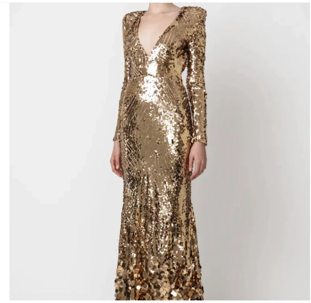 Meraki Official GOLD SEQUIN VNECK GOWN maxi size 10 for rent on The Volte - main image