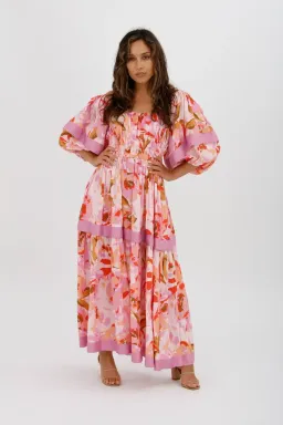 Acler Wayland Short Sleeve Printed Midi Dress Pink Floral Size 8 for rent on The Volte - image 1