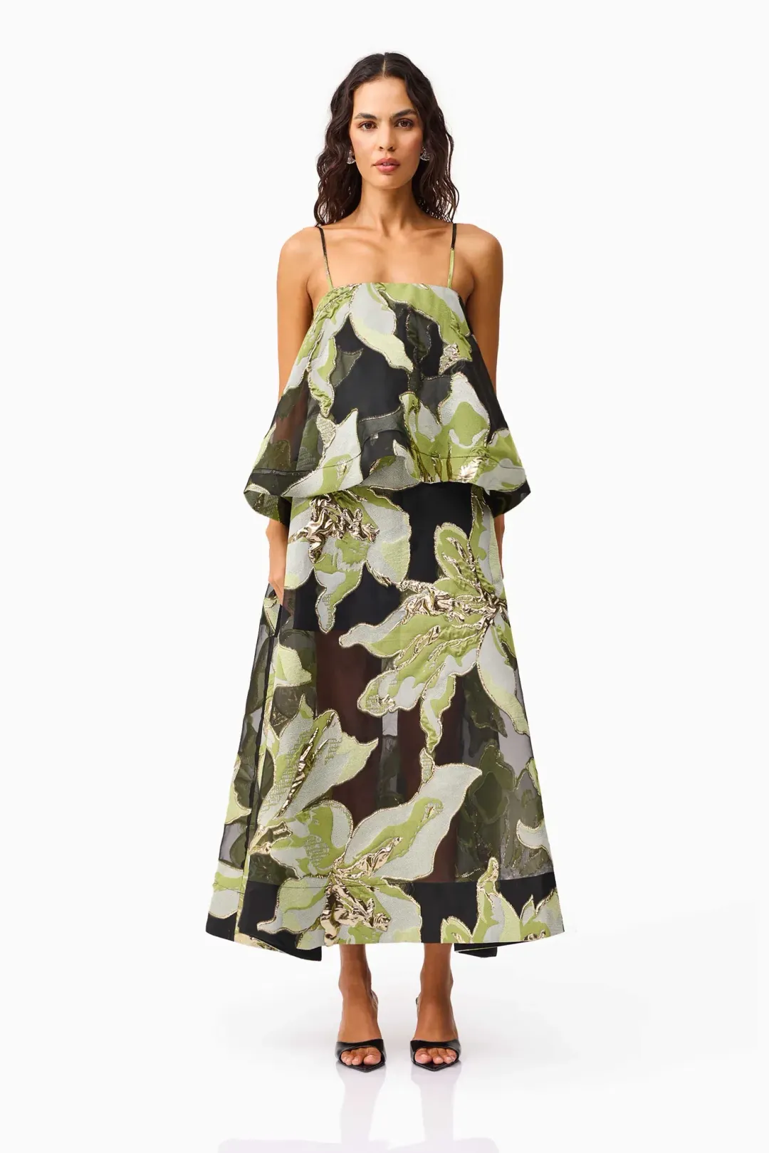 Elliatt Elysia Tiered Gown in Black/Green Floral / Size 10 for rent on The Volte - main image