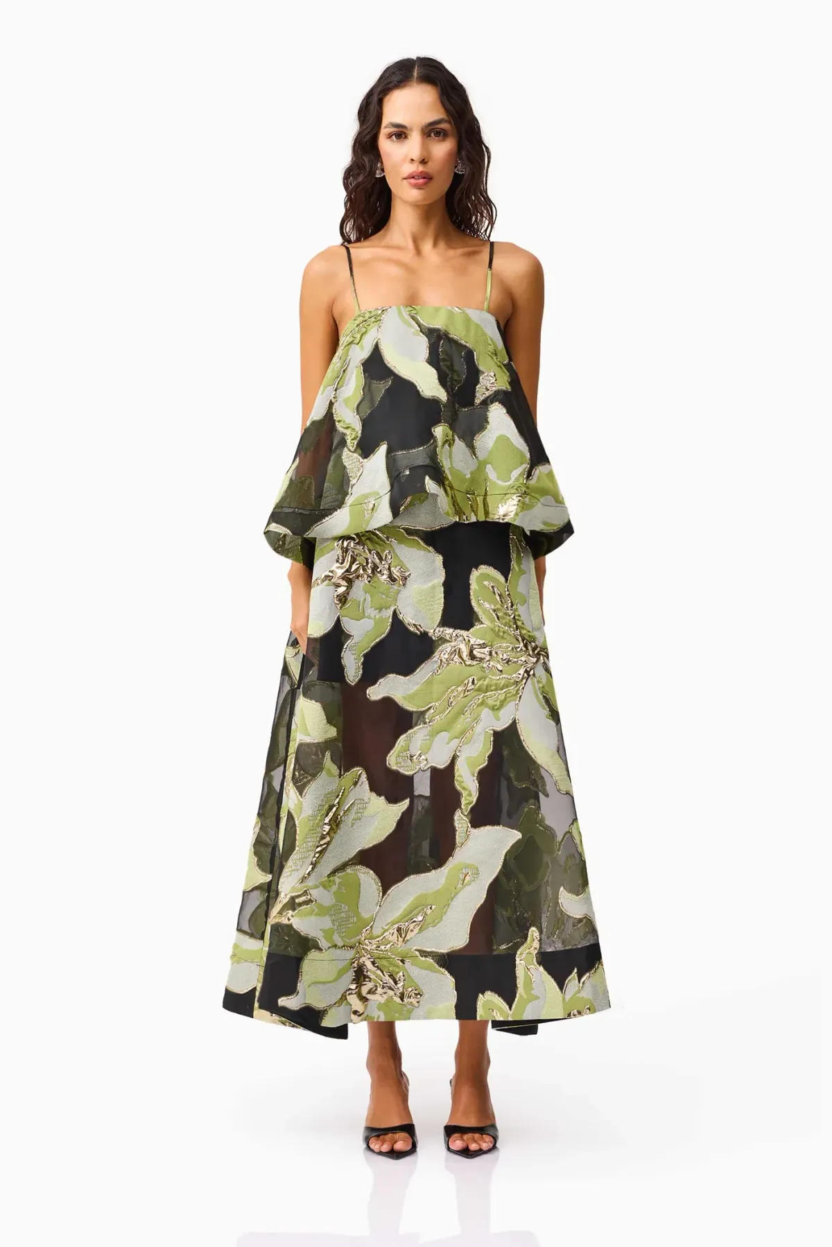 Elliatt Elysia Tiered Gown in Black/Green Floral / Size 10 - Image 2