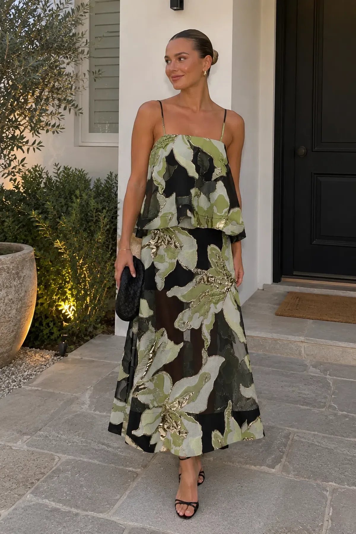 Elliatt Elysia Tiered Gown in Black/Green Floral / Size 10 for rent on The Volte - main image