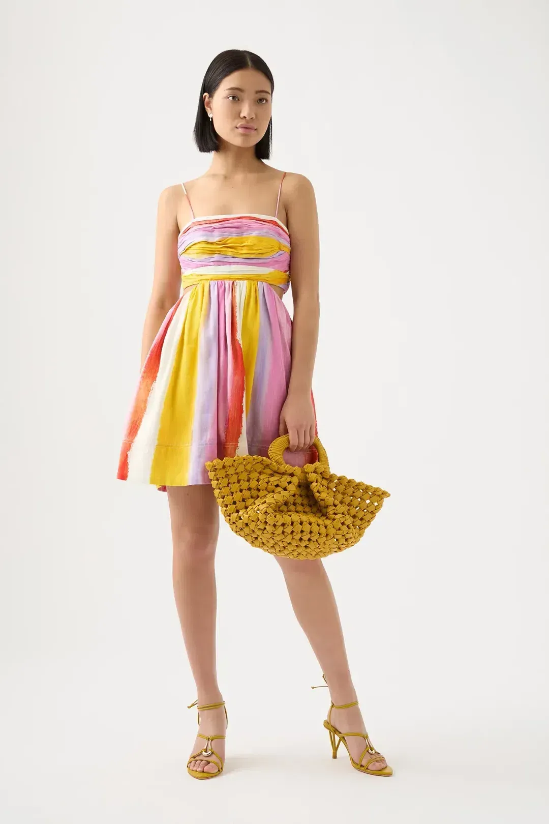 Aje Aurora Stripe Liza Ruched Baby Doll Mini Dress Cut Out Multi-colored Size 8 for rent on The Volte - main image