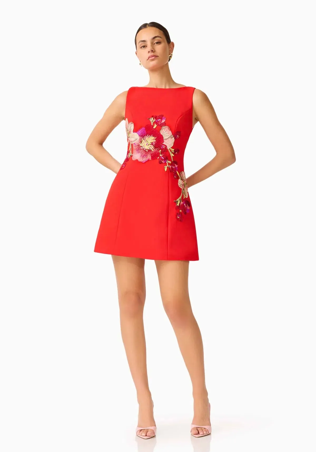 Fleurisca Embroidered A-Line Mini Dress in Scarlet Red Size 8 - Image 1