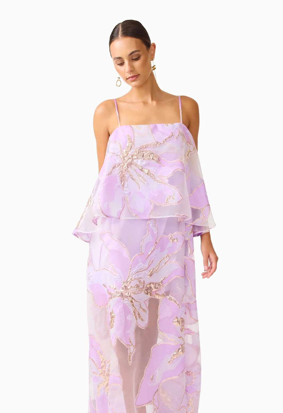 Elysia Tiered Gown in Purple Floral Size 8 - Image 2