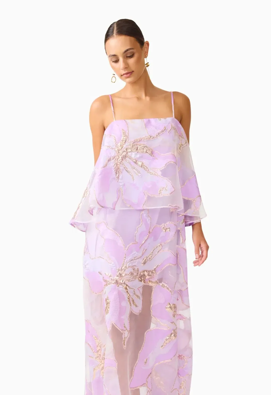 Elysia Tiered Gown in Purple Floral Size 8 for rent on The Volte - main image